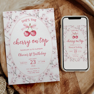 She's The Cherry On Top First Birthday Invitation