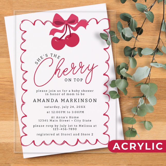 She's the Cherry on Top Pink Baby Shower Acrylic Invitations (Creator Uploaded)
