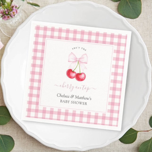She's The Cherry On Top Pink Bow Baby Shower Napkin (Creator Uploaded)