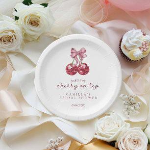 She's The Cherry On Top Pink Bow Bridal Shower Paper Plate