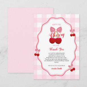 She's The Cherry On Top Pink Gingham Bridal Shower Thank You Card