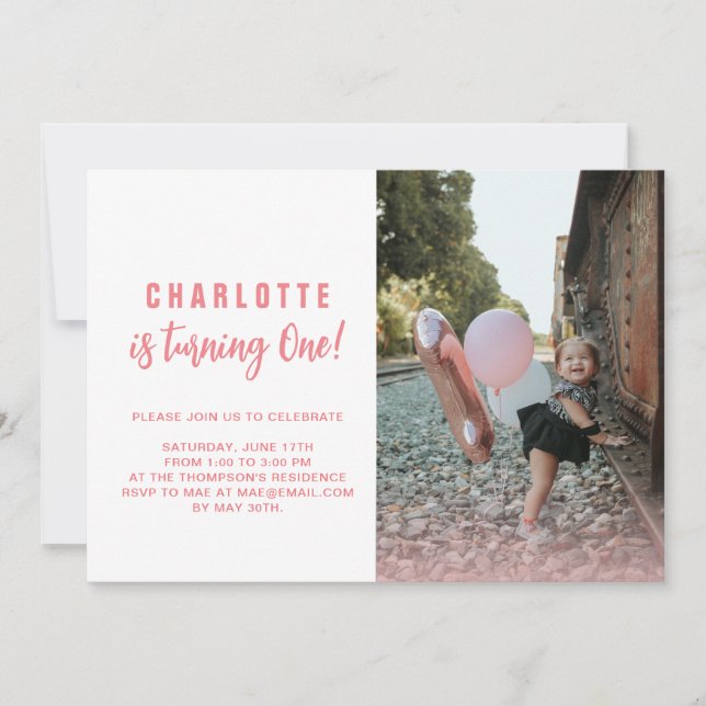 She's Turning One | Blush Pink 1st Birthday Photo Invitation (Front)