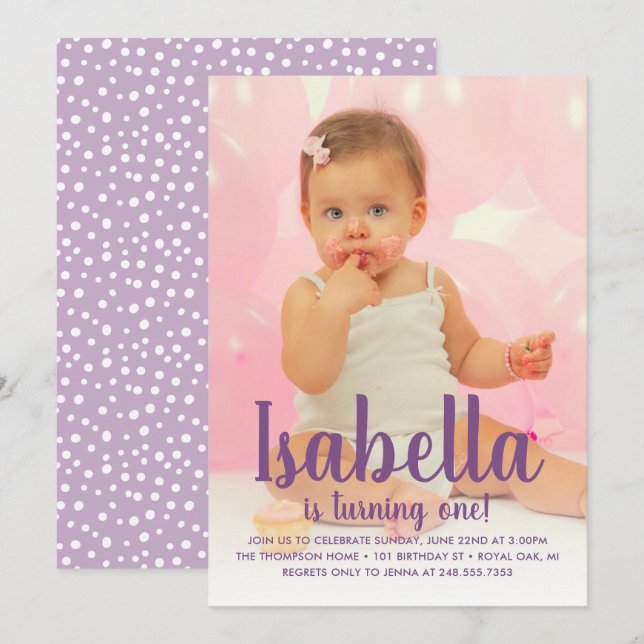 She's Turning One Purple Girl First Birthday Photo Invitation (Front/Back)