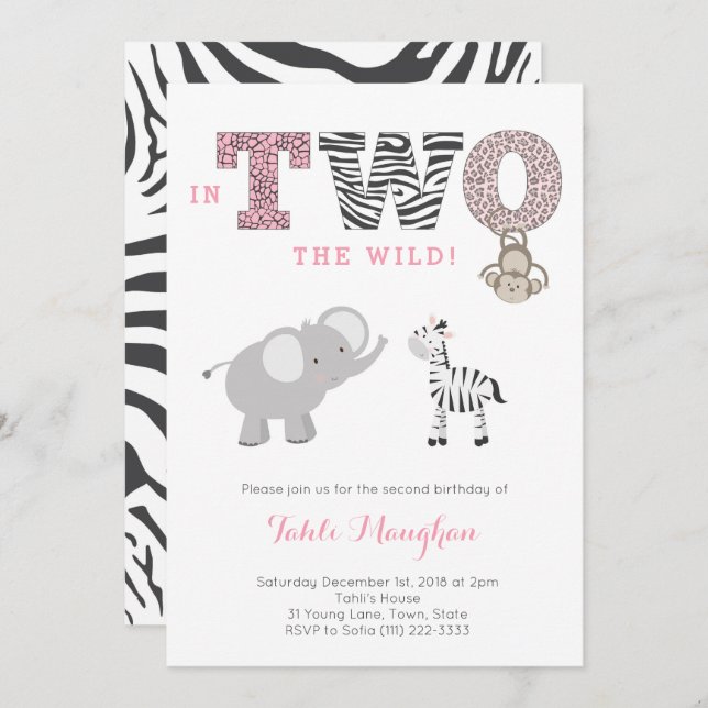 She's TWO Wild Safari 2nd Birthday Party for Girl Invitation (Front/Back)