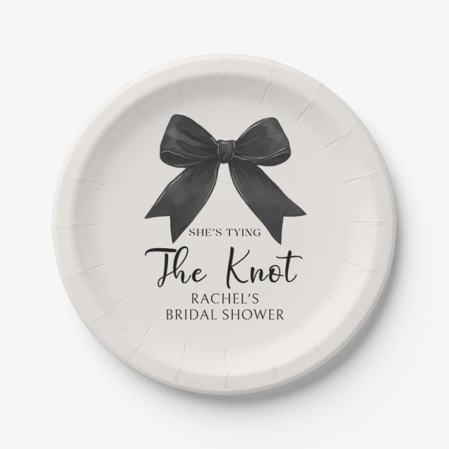 She's Tying the Knot Black Bow Bridal Shower Paper Plate (Front)
