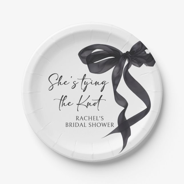 She's Tying the Knot Black Bow Bridal Shower Paper Plate (Front)