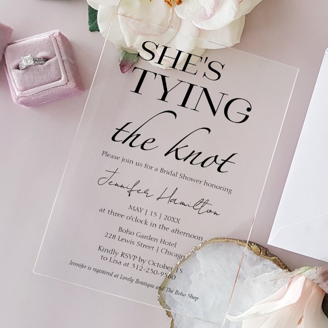 She's tying the knot | Black & White Bridal Shower Acrylic Invitations (Creator Uploaded)