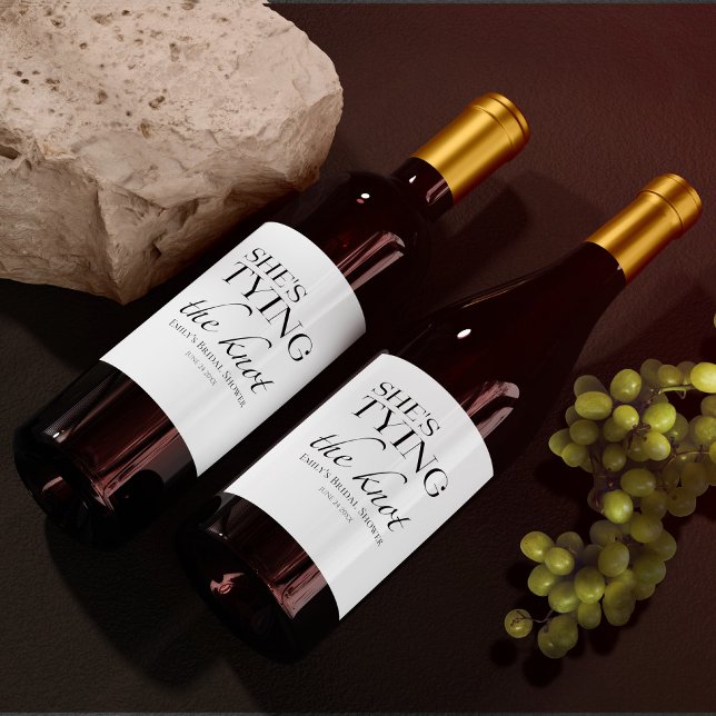 She's tying the knot | Black & White Bridal Shower Wine Label (Creator Uploaded)