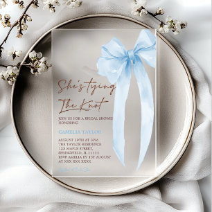 She's Tying The Knot Blue Bow Bridal Shower Acrylic Invitations