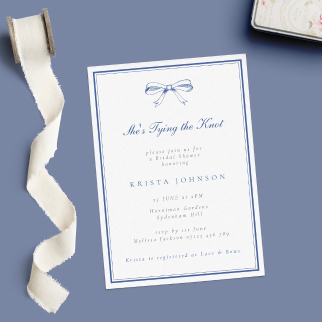 She's Tying the Knot Blue Bow Bridal Shower Invitation (Creator Uploaded)