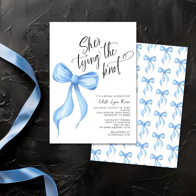 She's Tying the Knot Blue Bow Bridal Shower Invitation (Creator Uploaded)