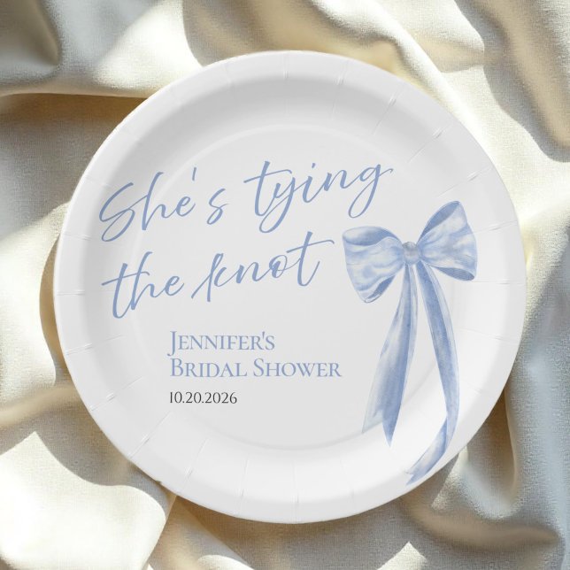 She's Tying the Knot | Blue Bow Bridal Shower Pape Paper Plate (Creator Uploaded)