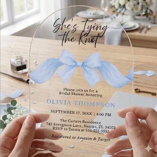 She's Tying the Knot Blue Bow Photo Bridal Shower Acrylic Invitations