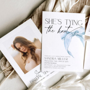 She's tying the knot blue Bridal Shower bow Invitation