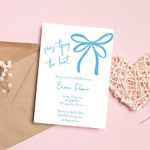 She's tying the knot blue ribbon bow invitation