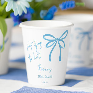 She's tying the knot blue ribbon bow printed paper cups