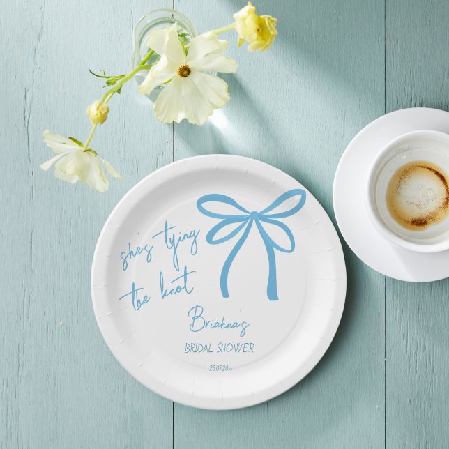 She's tying the knot blue ribbon bow printed paper plate (She's tying the knot blue ribbon bow bridal shower printed paper plates personalized tableware decor)