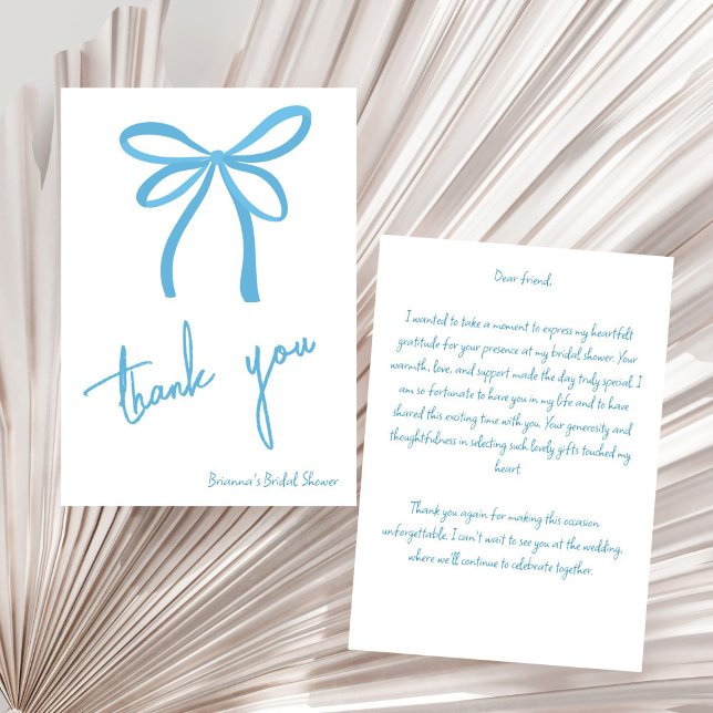 She's tying the knot blue ribbon bow  thank you card (She's tying the knot blue ribbon bow bridal shower thank you card)
