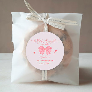 She's Tying the Knot Blush Pink Bow Bridal Shower Classic Round Sticker