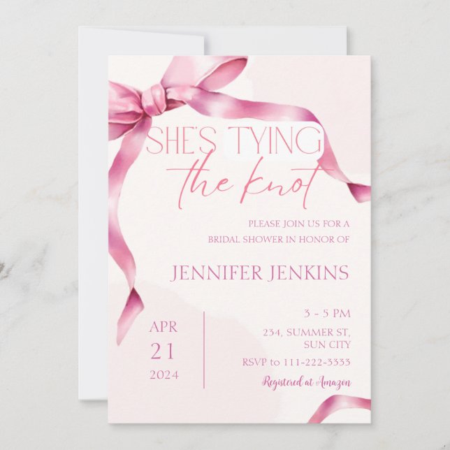 She's Tying The Knot Blush Pink Bow Bridal Shower  Invitation (Front)
