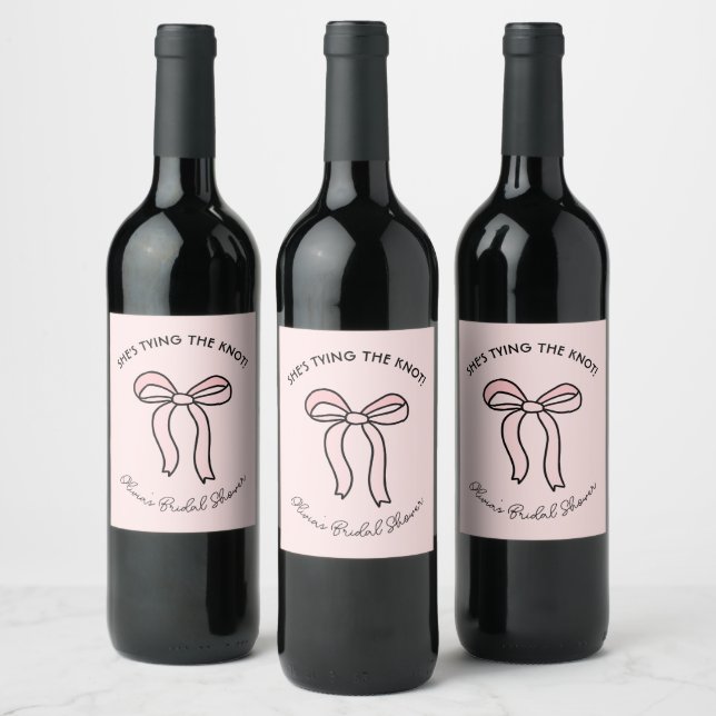 She's Tying The Knot Blush Pink Bow Bridal Shower Wine Label (Bottles)