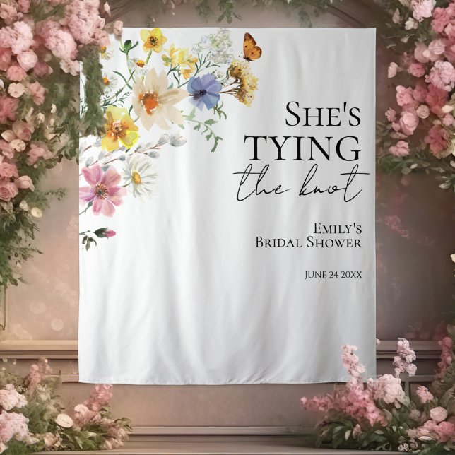 She's tying the knot | Boho Bridal Shower Backdrop Tapestry (Creator Uploaded)