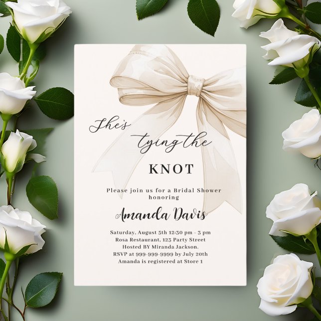 She's tying the knot bow beige Bridal Shower Invitation (Creator Uploaded)