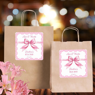 She's tying the knot bow bridal shower favour square sticker