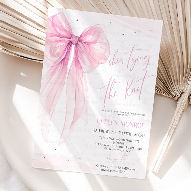 She's tying the knot Bridal shower Bow pink Invitation (She's tying the knot Bridal shower invitation Editable Bachelorette Party Invite Bow Modern Brunch P)