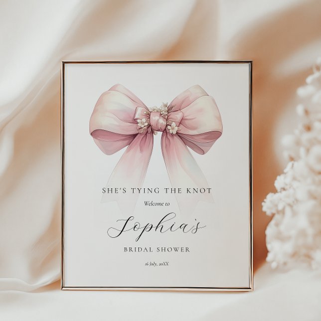 Shes Tying The Knot Bridal Shower Welcome Poster (shes tying the knot welcome poster pink bow feminine bridal shower coquette theme)