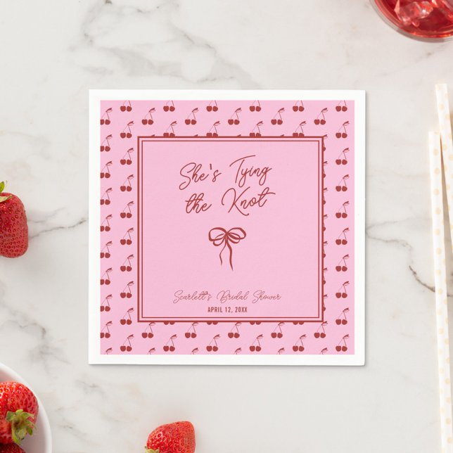She's Tying the Knot Cherry Bridal Shower Cocktail Napkin (Add a cheerful touch with these custom "She's Tying the Knot" bridal shower cocktail napkins)