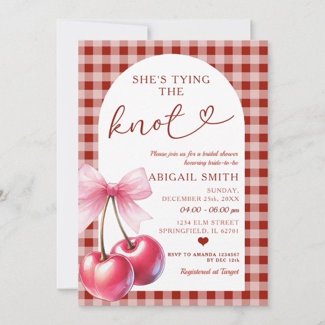 She's Tying The Knot Cherry Gingham Shower Bow Invitation (Front)