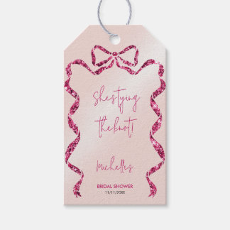 She's tying the knot chic glitter pink bow bridal gift tags
