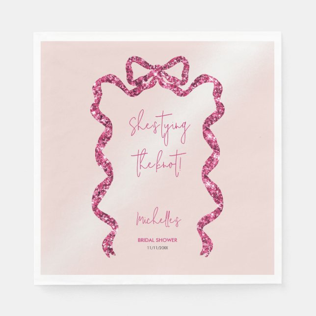 She's tying the knot chic glitter pink bow bridal  napkin (Front)