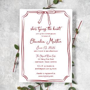 She's Tying the Knot Crimson Red Bow Bridal Shower Invitation