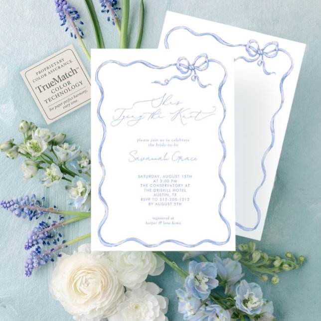 She's Tying the Knot Cute Blue Bow Bridal Shower Invitation (Creator Uploaded)