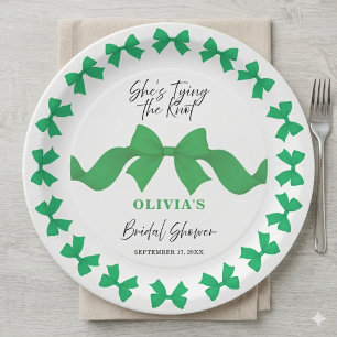 She's Tying the Knot Cute Green Bow Bridal Shower Paper Plate