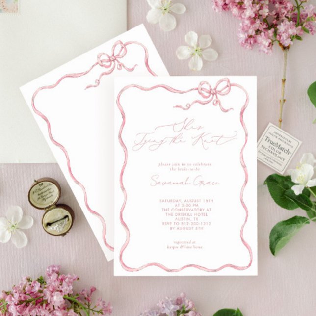 She's Tying the Knot Cute Pink Bow Bridal Shower Invitation (Creator Uploaded)