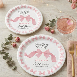 She's Tying the Knot Cute Pink Bow Bridal Shower Paper Plate
