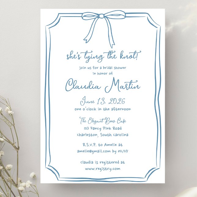 She's Tying the Knot Dusty Blue Bow Bridal Shower Invitation (Creator Uploaded)