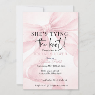 She's tying the knot, Elegant Pink Bow Invitation