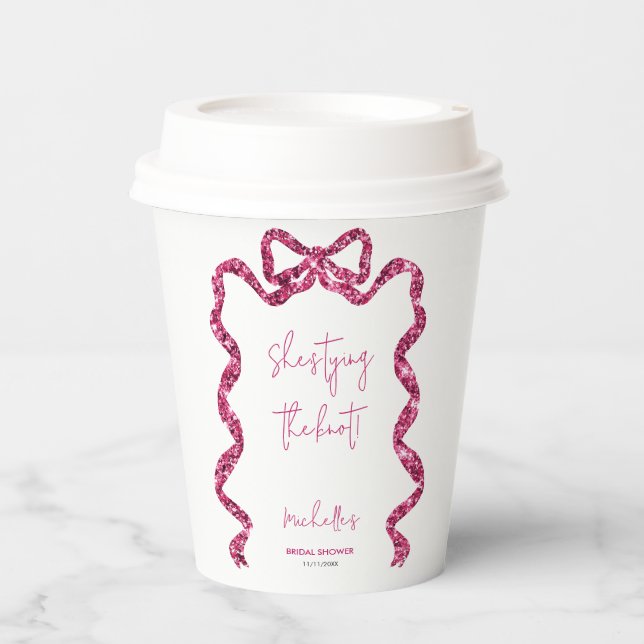Shes tying the knot glitter pink bow bridal shower paper cups (Front)