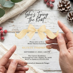 She's Tying the Knot Gold Bow Photo Bridal Shower Acrylic Invitations