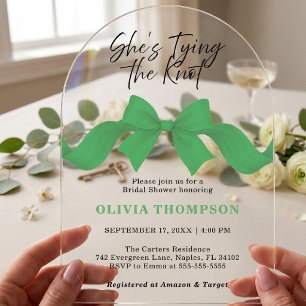 She's Tying the Knot Green Bow Photo Bridal Shower Acrylic Invitations