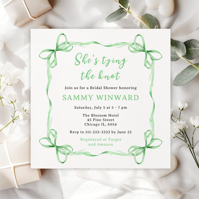 She's Tying The Knot Green Ribbon Bridal Shower Invitation (Creator Uploaded)