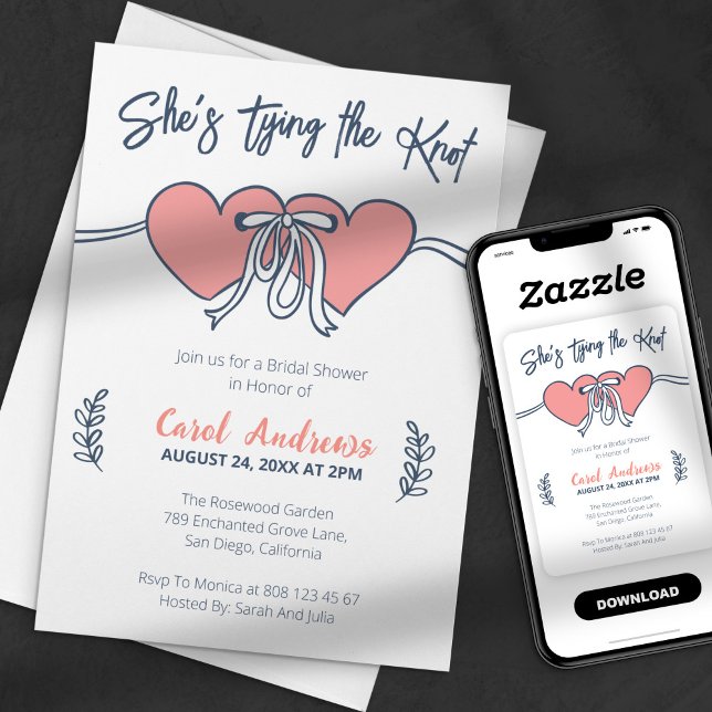 She's Tying the Knot Heart & Ribbon Bridal Shower Invitation (Creator Uploaded)