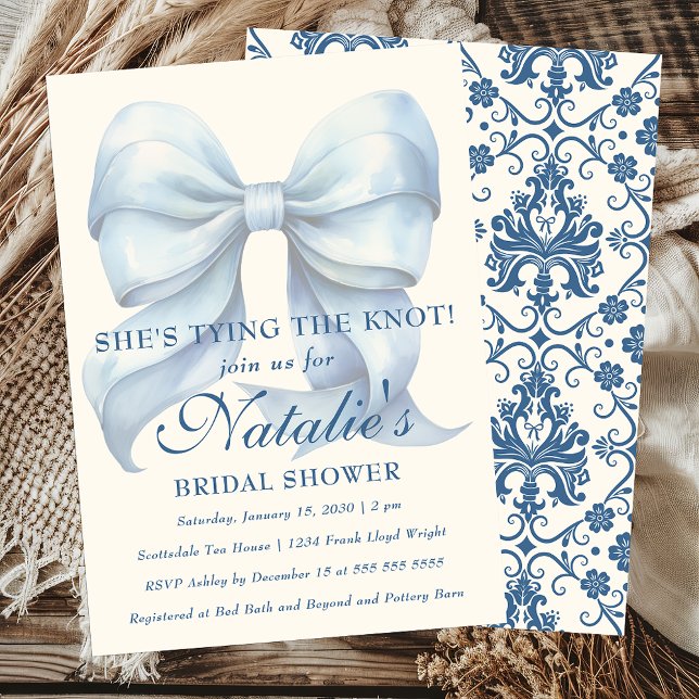 She's Tying The Knot Light Blue Bow Bridal Shower Invitation (Creator Uploaded)