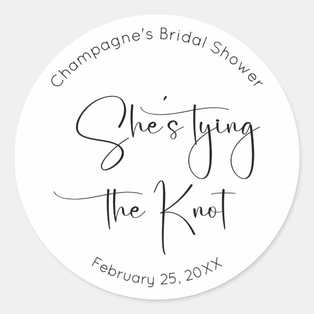 She's Tying The Knot Modern Script Bridal Shower Classic Round Sticker (Front)