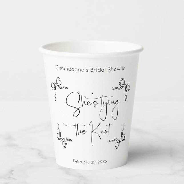 She's Tying The Knot Modern Script Bridal Shower Paper Cups (Front)