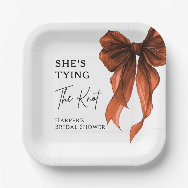 She's Tying The Knot Orange Bow Bridal Shower Paper Plate (Front)
